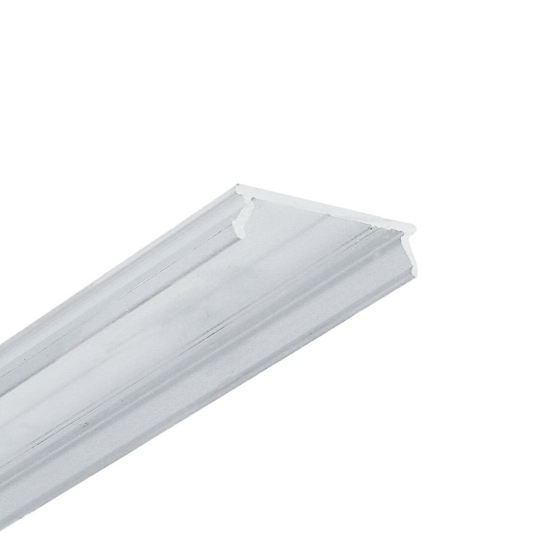 A close-up of a white or silver aluminum T-slot channel, often used in construction or DIY projects for sliding panels or as a frame component. This versatile channel is also compatible with aluminum covers and LED profile diffusers, such as the LED Channel Cover ~ C7 Click Aluminum.