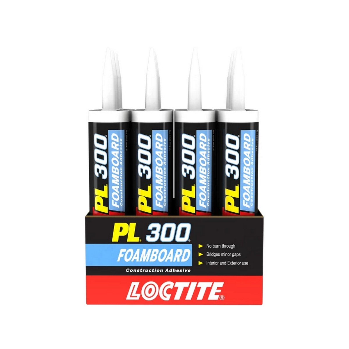 Four tubes of Loctite PL300 Foamboard Construction Adhesive stand upright in a branded box, featuring blue, yellow, red, and black labels with white nozzles—ideal for insulation adhesive applications.