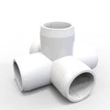 The Structural PVC Joiner for Sierra38 Round Profiles is a glossy white fitting with five cylindrical openings in a cross pattern, perfect for connecting pipes at right angles or building custom lighting and diffuser structures. Plain white background.