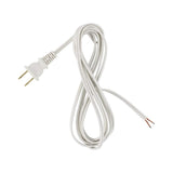 The 3ft 16 AWG White Flat Power Cord—Enoled US Power Plug—features a coiled design with a 2-prong plug and two exposed copper wires, perfect for LED lighting power cord applications and shown on a white background.
