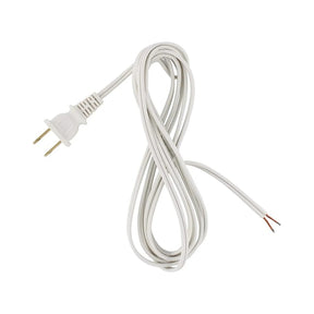 The 3ft 16 AWG White Flat Power Cord—Enoled US Power Plug—features a coiled design with a 2-prong plug and two exposed copper wires, perfect for LED lighting power cord applications and shown on a white background.