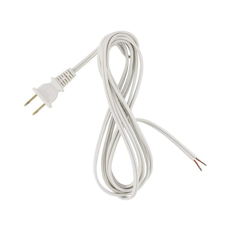 The 3ft 16 AWG White Flat Power Cord—Enoled US Power Plug—features a coiled design with a 2-prong plug and two exposed copper wires, perfect for LED lighting power cord applications and shown on a white background.