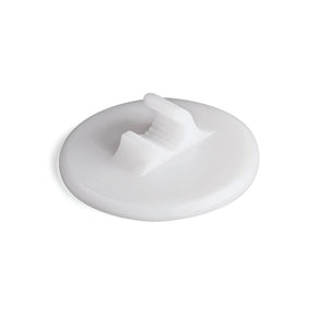A white, round polycarbonate mounting bracket cap for Poli Profile, featuring a small raised ridged tab in the center for easy gripping and removal. Plain white background.
