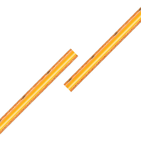 Two segments of an Ultra-Thin Flexible COB IP20 High CRI LED Strip (24V) ~ EnoLed Micro Series, featuring a continuous yellow light-emitting surface and copper-colored backing marked +24V.