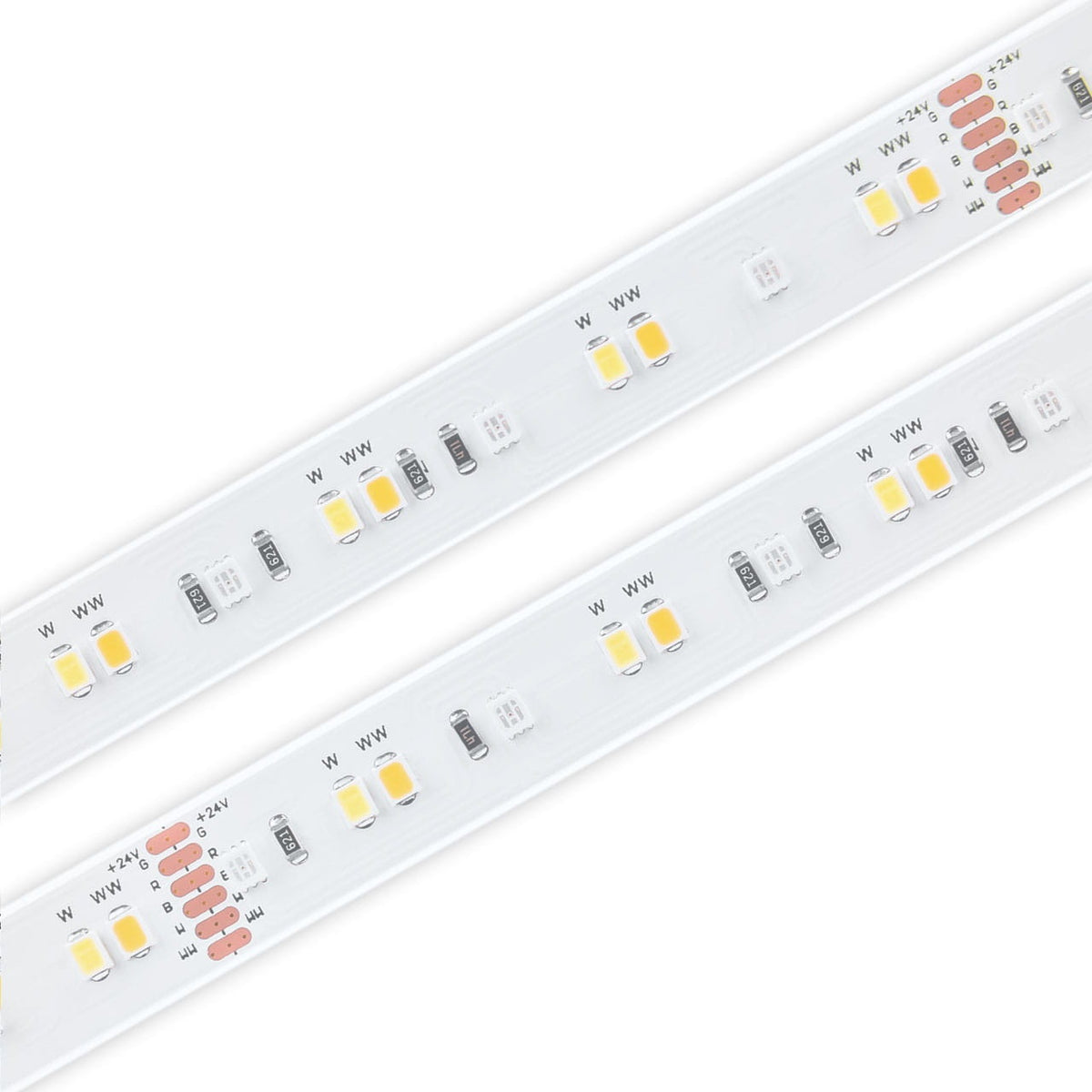 Close-up of two parallel RGB+CCT IP68 LED Strips (24V) from the Strelitzia Series on a white background, showing yellow and white LED components, resistors, and circuit traces. The image highlights the advanced design features typical of this color-changing LED strip.