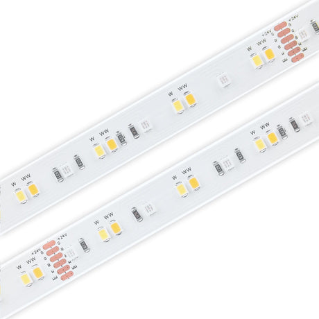 Close-up of two parallel RGB+CCT IP68 LED Strips (24V) from the Strelitzia Series on a white background, showing yellow and white LED components, resistors, and circuit traces. The image highlights the advanced design features typical of this color-changing LED strip.