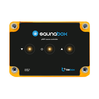 The Sauna WiFi Heating Controller ~ saunaBox by Blebox is a black rectangular smart unit with orange edges, three illuminated touch buttons, silver screws at each corner, and "made in Europe" plus Blebox logos on the front.
