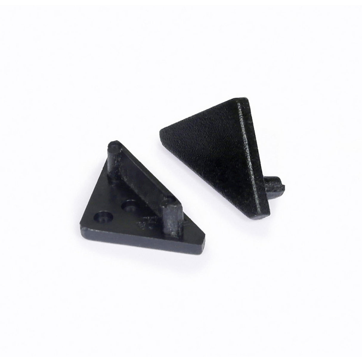 Two small black plastic triangular brackets, End Caps for Cabi12 Profile, each with a textured surface and mounting pegs, are shown on a white background.