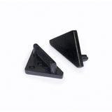 Two small black plastic triangular brackets, End Caps for Cabi12 Profile, each with a textured surface and mounting pegs, are shown on a white background.