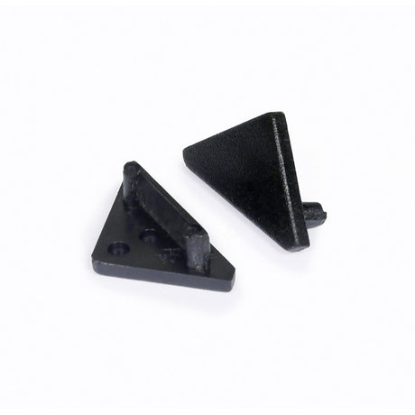 Two small black plastic triangular brackets, End Caps for Cabi12 Profile, each with a textured surface and mounting pegs, are shown on a white background.