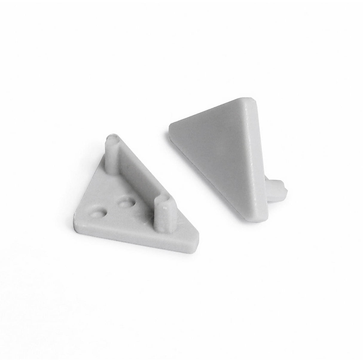 Two small gray plastic End Caps for Cabi12 Profile are shown—one flat displaying pegs and indents, the other upright with a smooth surface. Both have a minimalist design set against a white background.