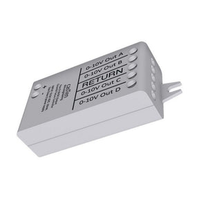 The Casambi-enabled Bluetooth 4-Channel 0-10V Controller (Model casTen) is a rectangular unit labeled Out A-D and RETURN, with multiple terminal connectors and a mounting bracket, ideal for tunable white applications.