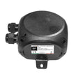 A black Casambi Enabled DMX Master with Mains Power (Model CBU-MASTER-DMX-IP), featuring two cable connectors and a label showing model and specs, ideal for DMX fixtures and pictured on a white background.