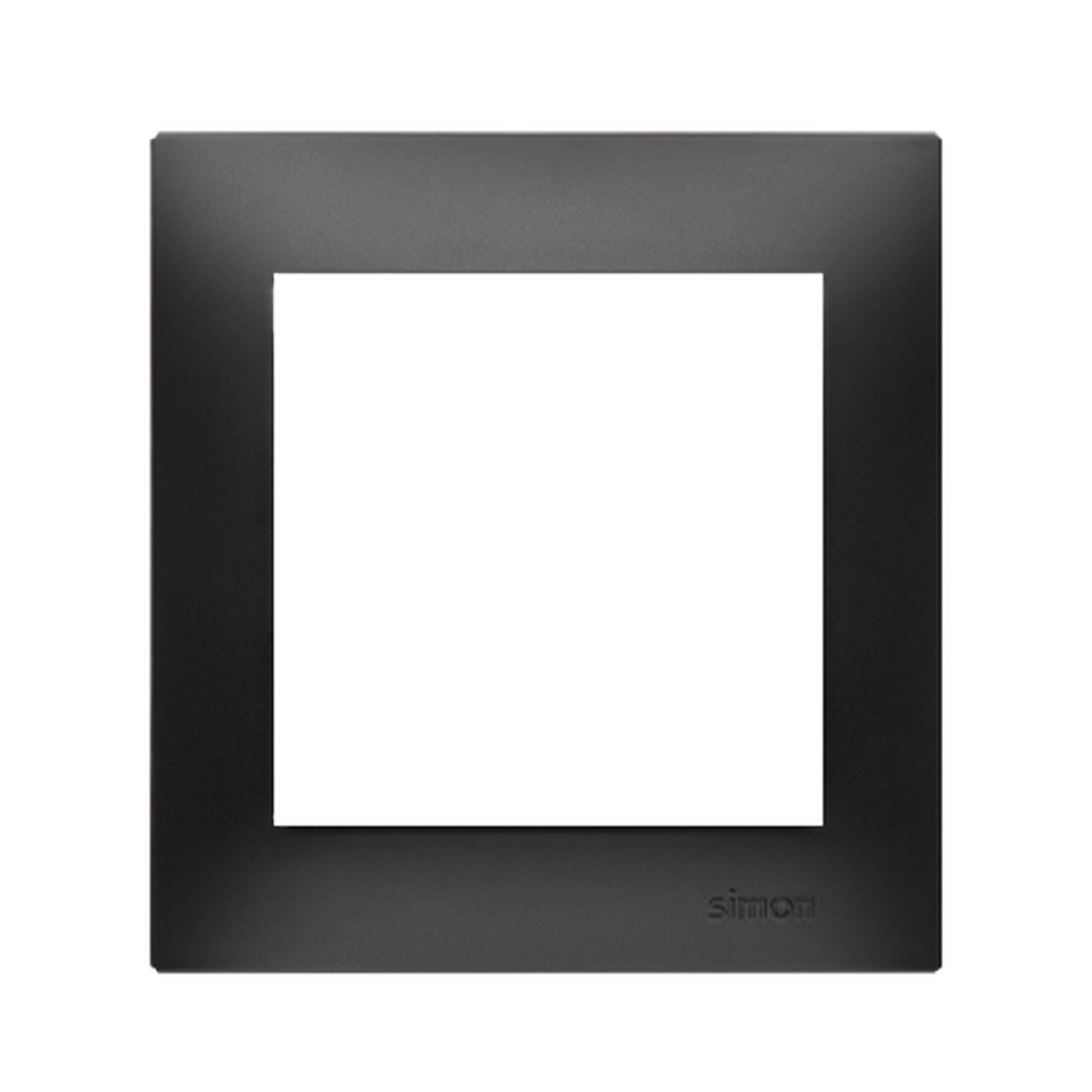 A black, square Cable Outlet With Kontak Simon Frame by Blebox, featuring a wide border and large central opening on a gray background. The Simon branding appears at the bottom right. Ideal for smart home cable management.