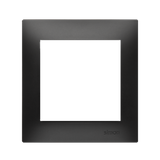 A black, square Cable Outlet With Kontak Simon Frame by Blebox, featuring a wide border and large central opening on a gray background. The Simon branding appears at the bottom right. Ideal for smart home cable management.
