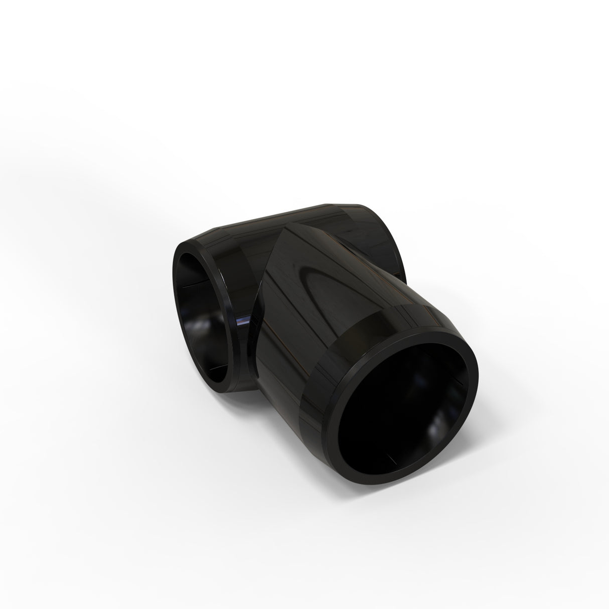The Structural PVC Joiner for Sierra38 Tube Profile is a black plastic T-shaped fitting with three openings, perfect as a joiner in lighting installation accessories. Displayed on a white background.