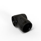 The Structural PVC Joiner for Sierra38 Tube Profile is a black plastic T-shaped fitting with three openings, perfect as a joiner in lighting installation accessories. Displayed on a white background.