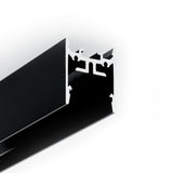 Close-up of the 1″ Suspended/Surface Mount LED Channel ~ Model Pixy20-01, a black aluminum extrusion profile with a silver cross-section that highlights its angular, geometric interior structure against a white background—ideal for linear lighting applications.