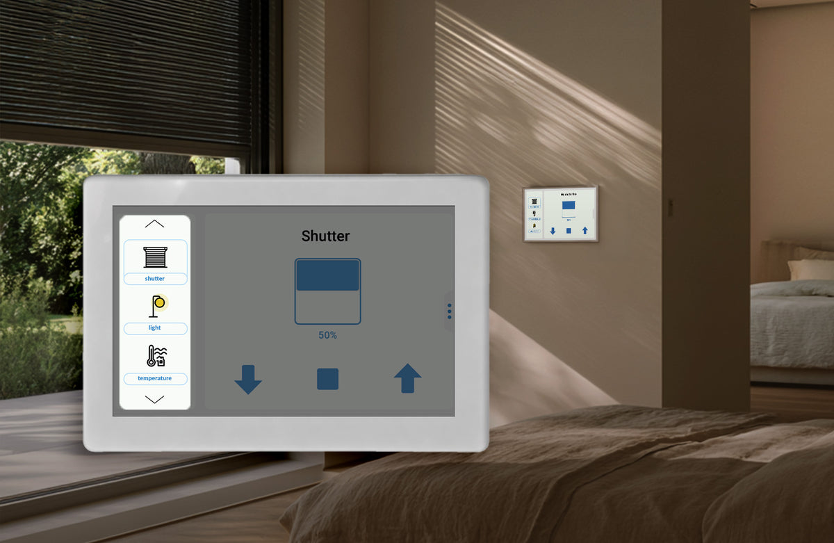 A wall-mounted 5″ Wi-Fi Touchscreen Smart Home Control Panel ~ controlPanelM by Blebox displaying a shutter adjustment interface.
