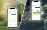 Two smartphones display sensor charts from the Smart Wi-Fi Air Temperature and Humidity Sensor ~ humiditySensor by Blebox, with one showing temperature trends and the other humidity. Both phones are set against a split background of a greenhouse and plants.
