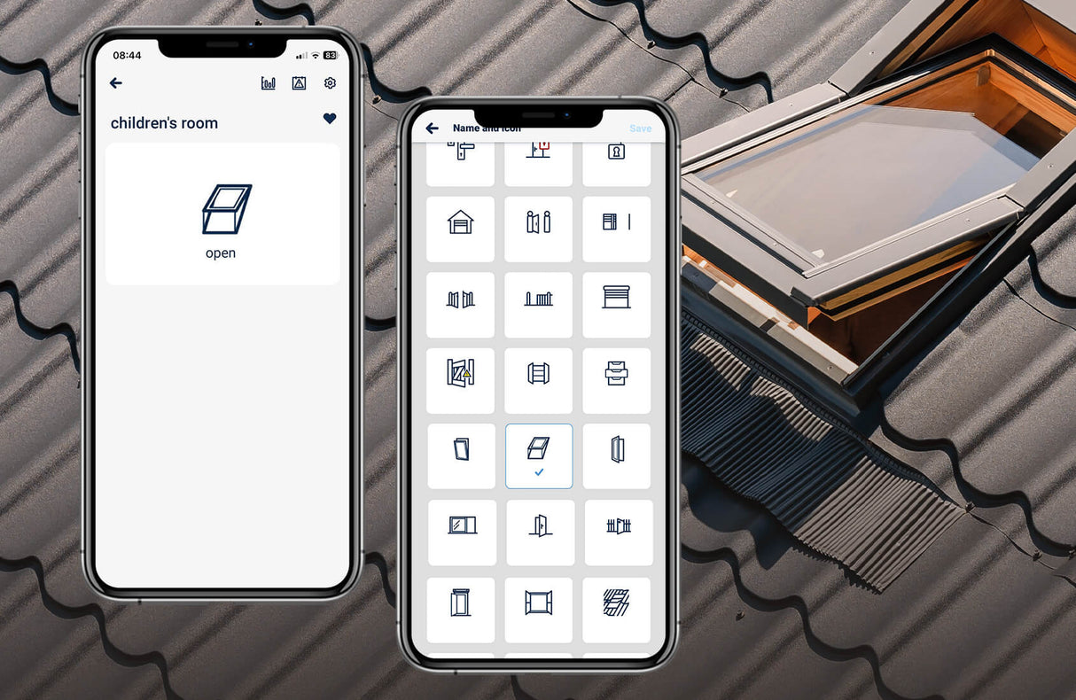 Two smartphones display the openSensor by Blebox app: one shows a children's room window as open, the other displays window and home icons. In the background, a roof window is open using the Miniature Wi-Fi Smart Open/Close Sensor.