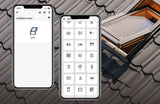 Two smartphones display the openSensor by Blebox app: one shows a children's room window as open, the other displays window and home icons. In the background, a roof window is open using the Miniature Wi-Fi Smart Open/Close Sensor.