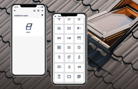 Two smartphones display the openSensor by Blebox app: one shows a children's room window as open, the other displays window and home icons. In the background, a roof window is open using the Miniature Wi-Fi Smart Open/Close Sensor.
