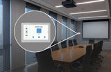 A conference room featuring a wall-mounted 5″ Wi-Fi Touchscreen Smart Home Control Panel ~ controlPanelM by Blebox, shown in an enlarged view with a touch interface for adjusting a projector screen.