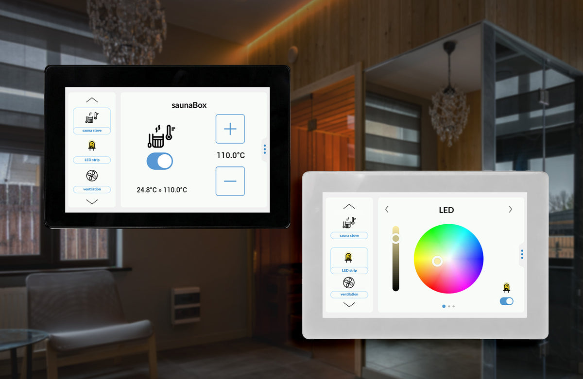 Two wall-mounted 5″ Wi-Fi Touchscreen Smart Home Control Panel ~ controlPanelM by Blebox units displaying touchscreen interfaces for sauna and LED lighting settings.