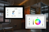 Two wall-mounted 5″ Wi-Fi Touchscreen Smart Home Control Panel ~ controlPanelM by Blebox units displaying touchscreen interfaces for sauna and LED lighting settings.