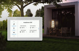5″ Wi-Fi Touchscreen Smart Home Control Panel ~ controlPanelM by Blebox displaying temperature readings for outside, indoor, DHW, and greenhouse environments, set against a patio background.