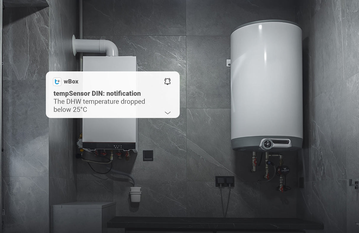 A wall-mounted boiler and cylindrical water heater are in a gray tiled room. A notification says: tempSensor DIN by Blebox—DHW temperature dropped below 25°C, detected by the DIN-rail Smart Wireless Temperature Sensor for monitoring.