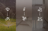 Three sections show: a sprinkler with rain/cloud icon, a ceiling fan with thermometer icon, and a tile floor with water drops above shutoff valve—perfect for smart home or DIN rail use with SwitchBoxD DC DIN WiFi Controller by BleBox.