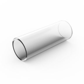 A Clear Straight Joint for 1.2 Round Profiles rests on a glossy white surface, its transparent cylindrical form casting a subtle shadow and reflection.