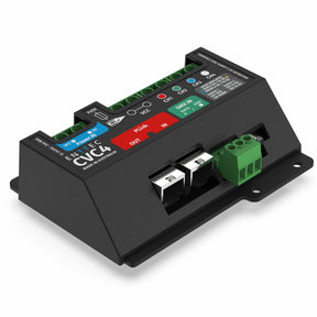 The Enttec CVC4 is a black 4-Channel Constant Voltage Dimmer with DMX and PLink control, featuring multiple green terminal connections, labeled buttons, and two RJ45 Ethernet ports for input/output on the front.