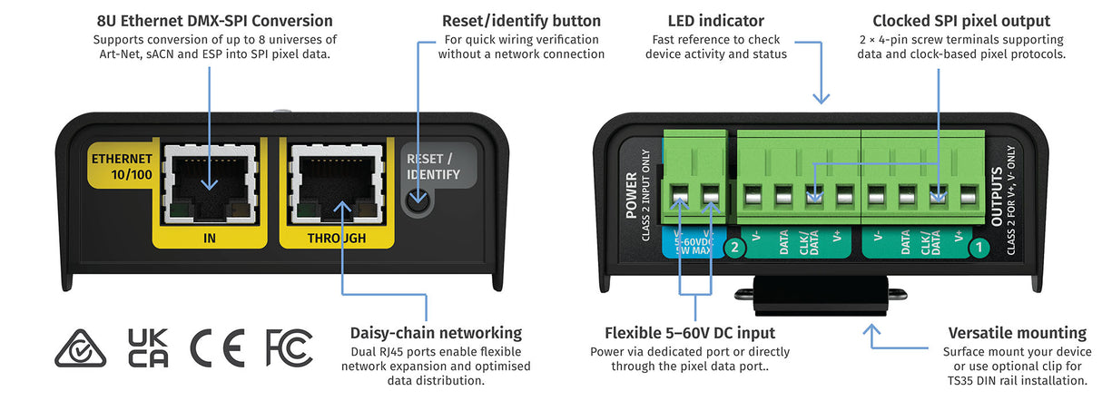 Rear view of the 8-Universe eDMX to SPI Pixel Controller (Enttec Octo Lite) shows Ethernet and SPI ports, labeled connections, and a reset button. Features include 8U Ethernet-to-pixel conversion, daisy-chain networking, DIN-rail mount, and flexible power.