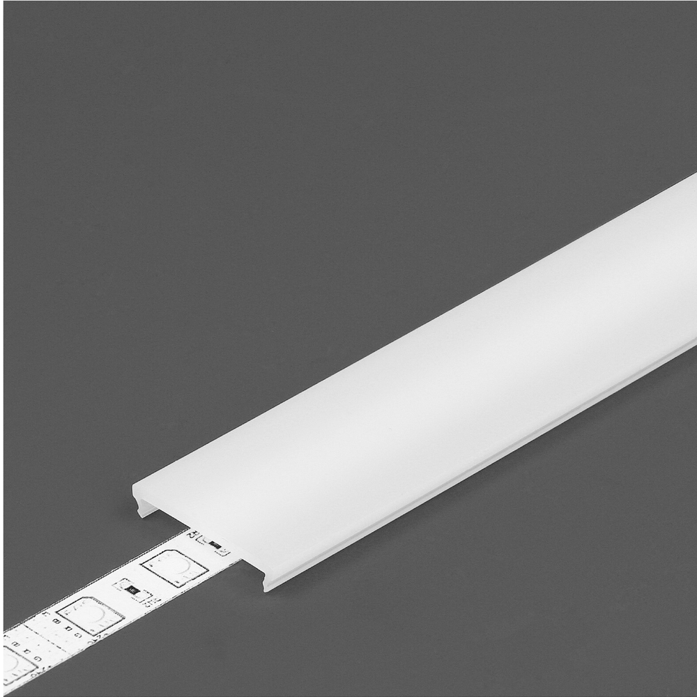 The LED Channel Cover ~ C6 Click, a slim white aluminum channel with a frosted diffuser, holds a partially inserted white LED strip and is shown against a plain gray background.