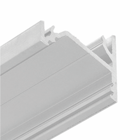 Close-up view of the Surface Mount Corner LED Channel, Model Corner16—a metallic silver extrusion profile with multiple grooves and ridges, designed for LED strip lighting or under-cabinet installations.
