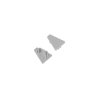 Two small, light gray, triangular End Caps for Corner16 Profile, made of plastic with pegs on the underside of one cap, are shown on a white background.