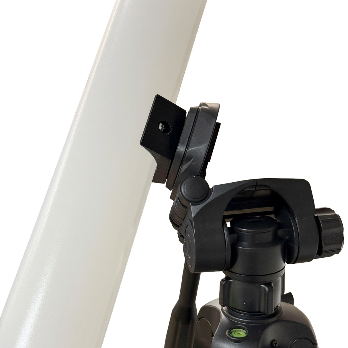 Close-up of the S65 Tripod Mount, a portable mounting accessory for Smokies65 & Sierra65 tubes, attaching a black tripod head with adjustment knobs to a white cylinder—ideal as an LED tube or stage lighting mount.