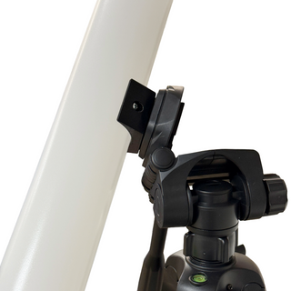 Close-up of the Portable Tripod Mount for 2.56" Round Profiles in black, with adjustment knobs and a bracket securing a white cylindrical LED tube; a green bubble level is visible on this stage lighting accessory.