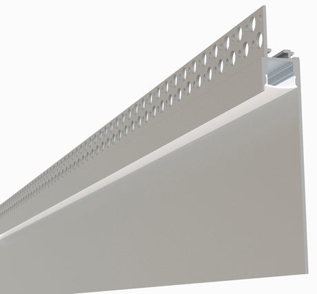 A close-up view of the Mud-in Drywall Baseboard LED Channel (Model TL-301) shows perforated metallic trim for wall corners or edges, ideal for use with recessed aluminum profiles for seamless lighting integration.