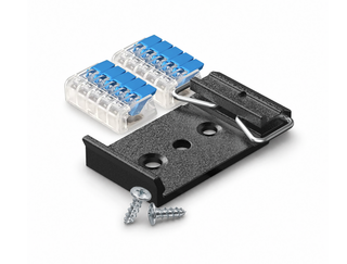 The OCTO Accessory Pack includes a black mounting bracket with two screws, a DIN rail metal clip, and a clear plastic terminal block with blue levers, all displayed on a white background.
