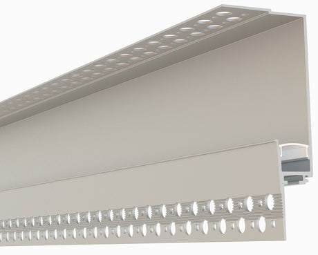 Close-up view of the 0.59" Indirect Trimless Mud-In LED Drywall Channel (Model TL-539) with perforated edges, designed for seamless recessed lighting and drywall or plaster corner reinforcement.