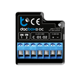 A black and blue Smart WiFi 2-Channel 0-10V Controller (Model dacBoxD DC) features labeled input, output, and power terminals, visible connection ports, and company branding on the top surface.
