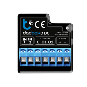 A black and blue Smart WiFi 2-Channel 0-10V Controller (Model dacBoxD DC) features labeled input, output, and power terminals, visible connection ports, and company branding on the top surface.