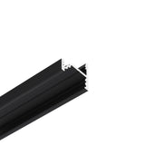 A close-up of a black aluminum extrusion profile featuring a U-shaped channel and grooves, designed as the 30/60 Degree Corner LED Channel ~ Model Corner10.v2 for surface-mounted LED strip installations, isolated on a white background.