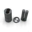 Three gray 3D-Printed Caulking Gun Adapters for Methacrylate 50ml 1:1 Mix, varying in height, and a circular disc with two holes are displayed on a white background.