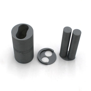 Three gray 3D-Printed Caulking Gun Adapters for Methacrylate 50ml 1:1 Mix, varying in height, and a circular disc with two holes are displayed on a white background.