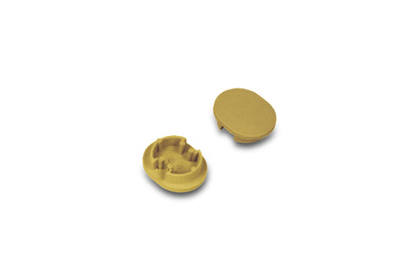 Shown on a white background are two small, oval-shaped yellow D End Caps for the Arc12 Duo Profile. One cap stands upright, while the other is positioned to display its interior side, which features several molded clips.